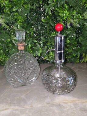Set of Vintage Glass Liquor Decanters, Pump Dispenser & Traditional Barware